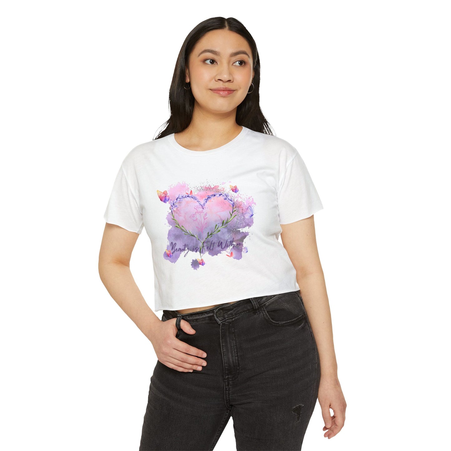 Bohemian Watercolor Heart Crop Top, Women's Festival Top, Summer Vibes Apparel, Casual Wear, Gift for Her
