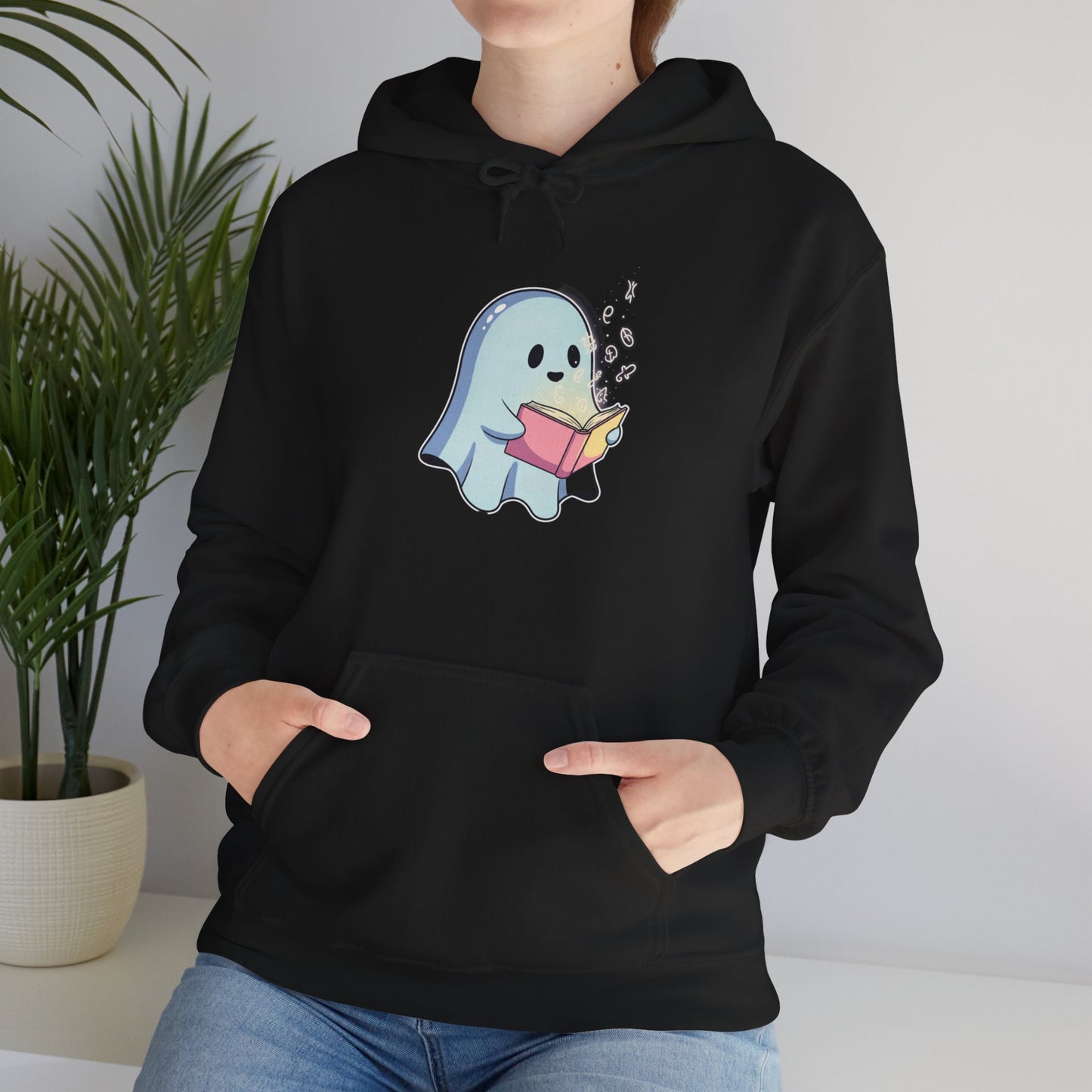 Cozy Ghost Reading Hoodie | Unisex Halloween Sweatshirt Gift