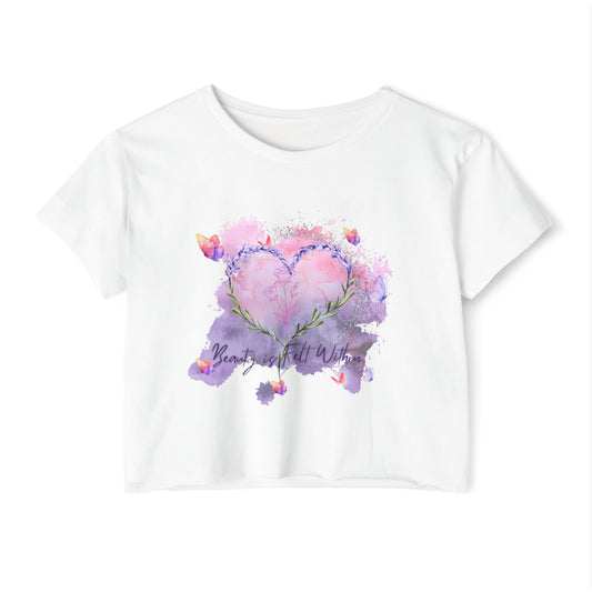 Bohemian Watercolor Heart Crop Top, Women's Festival Top, Summer Vibes Apparel, Casual Wear, Gift for Her
