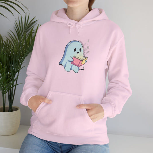 Cozy Ghost Reading Hoodie | Unisex Halloween Sweatshirt Gift